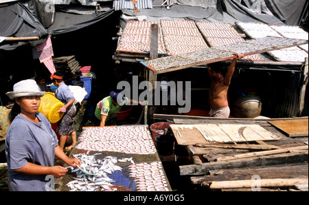 Bangkok trocknenden Fisch Thai sun Chao Praya River Stockfoto