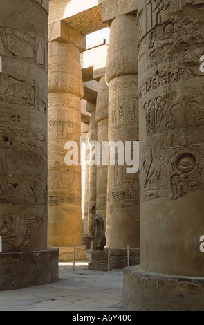 Statue in einem Meer aus geschnitzten Säulen in die große Säulenhalle von der Fußgängerzone des Amun in Karnak Tempel, Luxor, Ägypten Stockfoto