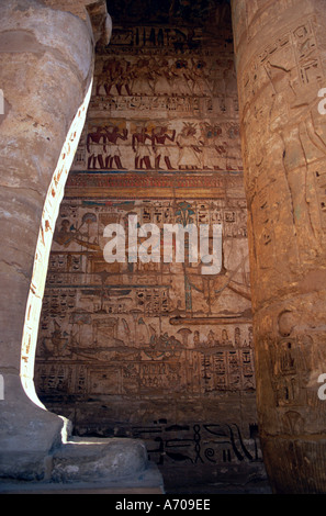 Bunte Wandschnitzereien im Madinat Habu Leichenhalle Tempel von Ramses III Stockfoto