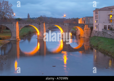 Carcassonne. Languedoc. Die alte Brücke über den Fluss Aude. In den frühen Morgenstunden beleuchtet. Einem regnerischen und nebeligen Wintertag. Frankreich. Europa. Stockfoto