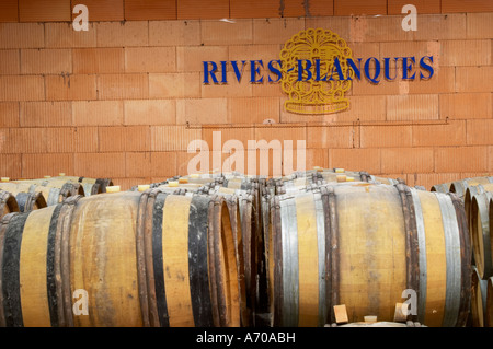 Schloss Rives-Lehrschule. Limoux. Languedoc. Fasskeller. Frankreich. Europa. Stockfoto