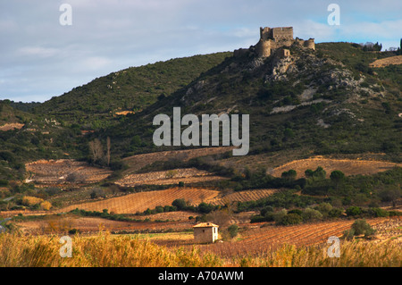 Das Chateau d ' Aguilar Katharer Hügel Festung aus dem 11. und 12. Jahrhundert an der Grenze bis Corbieres. Fitou. Languedoc. Die Ruinen einer Schloss-Festung. Frankreich. Europa. Weingut. Stockfoto