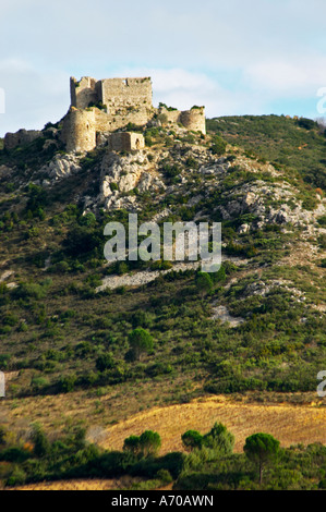 Das Chateau d ' Aguilar Katharer Hügel Festung aus dem 11. und 12. Jahrhundert an der Grenze bis Corbieres. Fitou. Languedoc. Die Ruinen einer Schloss-Festung. Frankreich. Europa. Stockfoto