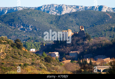 Das Cathare Hügel Schloss in Durban-Corbières. Fitou. Languedoc. Die Ruinen einer Schloss-Festung. Frankreich. Europa. Stockfoto