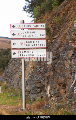 Clos Fantine, Chateau De La Liquiere, Domaine du Meteore, Domaine Raymond Roque. Schiefer Berg Rock. In der Nähe von La Liquiere Dorf. Faugères. Languedoc. Frankreich. Europa. Stockfoto