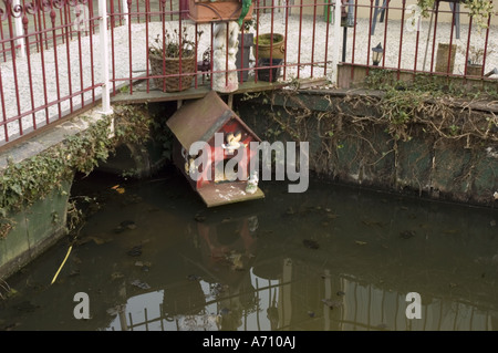 Entenhaus in Volendam Kanal Nord Holland. Roter hölzerner Vogelhäuschen über dunklem Wasser mit elfebedeckten Wänden und dekorativen roten Geländern. Stockfoto
