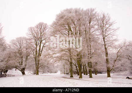 Bramhall Winterpark Stockport Cheshire und Bramall Halle im Schnee Stockfoto