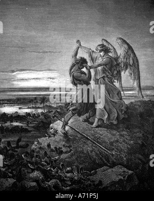 Religion, biblische Szenen, Jakobs Kampf mit dem Engel, Gravur von Gustave Dore (1832 - 1883), aus dem 19. Jahrhundert, Religion, Altes Testament, Buch Genesis,, Artist's Urheberrecht nicht gelöscht werden Stockfoto