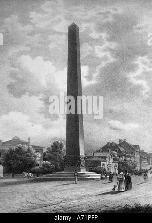 Geografie/Reisen, Deutschland, München, Plätze, Karolinenplatz mit Obelisk, lithographisch, Mitte des 19. Jahrhunderts, historisch, Platz, Denkmal, Gedenksäule, Gedenken an die Getöteten Bayern, Europens im Wahlkampf gegen Russland von 1812 unter Kaiser Napoleon Bonaparte, erbaut im Jahre 182 nach Entwurf von Leo von Klenze, Wache, Wachdienst, napoleonische Kriege, Krieg, München, München, Leute, Stockfoto