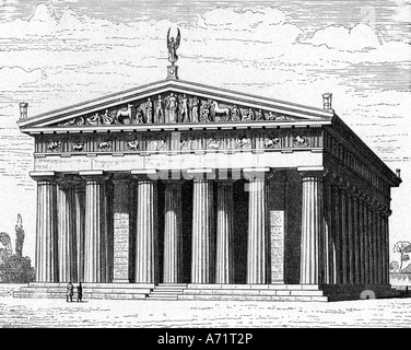 Geographie/Reise, Griechenland, Olympia, Zeustempel, Außenansicht, Rekonstruktion, Gravur, 19. Jahrhundert, historisch, historisch, Europa, alte Welt, Religion, Heiligtum, Archäalogie, dorische Säule, Säulen, alte Welt, Menschen, Stockfoto