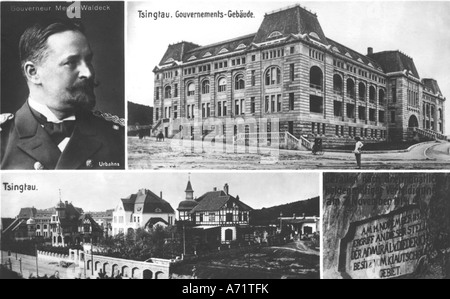 Geographie/Reise, China, Qingdao, Gebäude, Govenors Hauptverwaltung, Porträt des Govenor Oberst Alfred Meyer-Waldeck, Erinnerungstafel der Besatzung, Postkarte, ca. ab dem Jahre 1915, historisch, 20. Jahrhundert, besetzt am 11.11.1897, deutsche Abhängigkeit Kiautschou 1898 - 199, unter der Regierung von Japain 1914 - 199, Imperialismus, Deutschland, Kaiserliche Ära, Kolonialzeit, Deutsches Reich, Deutsches Reich Erster Weltkrieg/erster Weltkrieg, Gebäude, Menschen, 1910er Jahre, Stockfoto