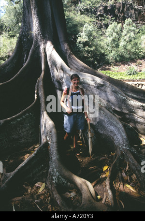 Frau im massiven Wurzeln der Moreton Bay Fig in Allerton Garten National Tropical Botanical Gardens Kauai Hawaii Stockfoto