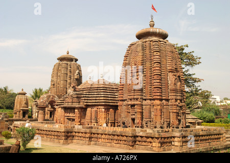 Stark geschnitzten Türme (Deuls) im Mukteswar 10th.century Tempel Bhubaneshwar, Orissa, Indien Stockfoto