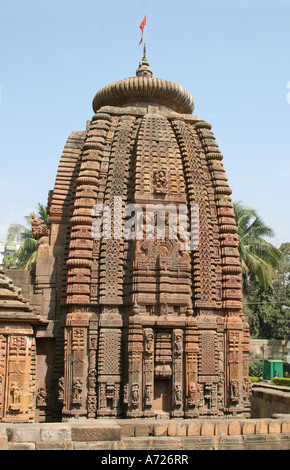 Stark geschnitzten Spire (Deul) im Mukteswar 10th.century Tempel Bhubaneshwar, Orissa, Indien Stockfoto