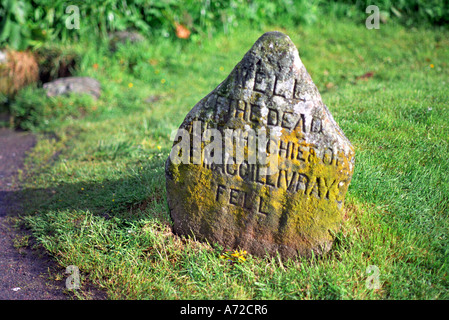 Gut der Toten. Der Chef des Clans MacGillivray Stone hat einen Grabstein auf dem Schlachtfeld von Culloden in Nairn, Schottland, Großbritannien, gemeißelt Stockfoto