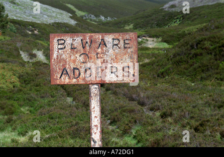 Hüten Sie sich vor Leitern, Schlangen in der Heide. Ein Moorwarnschild für Wanderer, die zu Pfaden und Pfaden im Cairngorms National Park, Schottland, Großbritannien, gehen Stockfoto