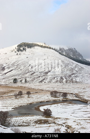 Winterszene, schottische Winterlandschaft; Mar Lodge Estate Cairngorms National Park und River Dee in Braemar, Schottland, Großbritannien Stockfoto