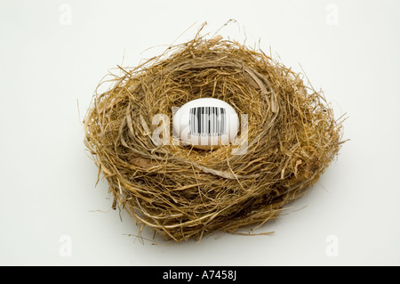 Ei im Nest mit Barcode Stockfoto