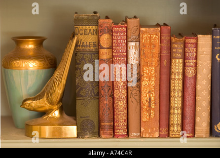 Antiquarische Bücher in einem Regal eine antike Vase mit Buchstütze. Stockfoto