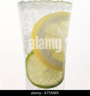 Zitronen und Limetten Scheiben in ein Glas Mineralwasser. Stockfoto