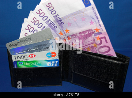 Schwarze Leder-Geldbörse mit Kreditkarten und Euro-Banknoten Stockfoto