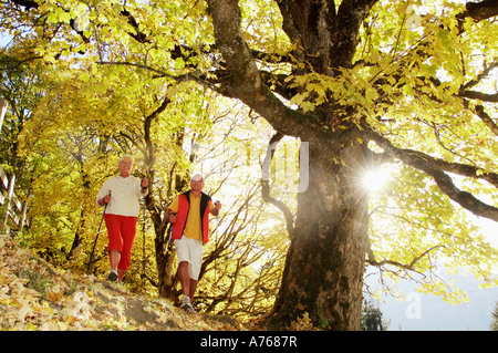 Älteres paar Nordic-walking, niedrigen Winkel Ansicht Stockfoto