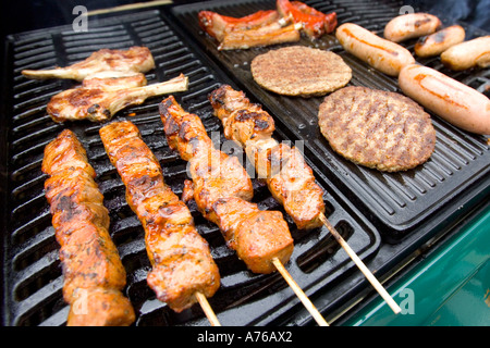 Auswahl an verschiedenen Fleischsorten und Kebabs auf einem Grill brutzeln. Stockfoto