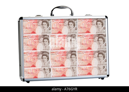 Koffer gefüllt mit fünfzig Pfund-Banknoten, Nahaufnahme Stockfoto
