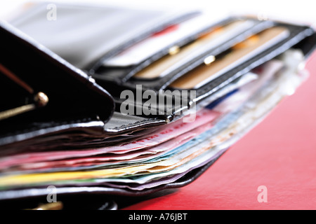 Portemonnaie mit Euro-Banknoten und -Karten, close-up Stockfoto