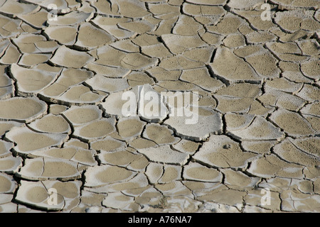 Rissige Erde in ein ausgetrocknetes Flussbett Stockfoto