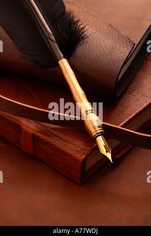 Antike Feder Feder auf Stapel von Büchern Stockfoto