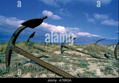 Portugal, Alarve: Anker Friedhof am alten Thunfisch-Station am Strand Praia do Barril in Santa Luzia, Tavira Stockfoto