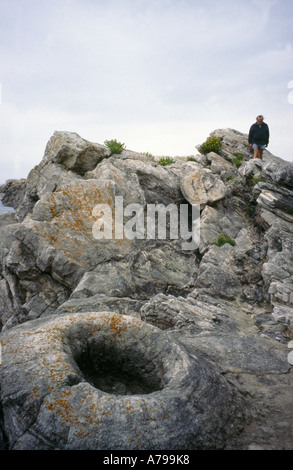 Mann zu Fuß auf prähistorischen fossile Cycadeen im fossilen Wald Lulworth Dorset-England Stockfoto