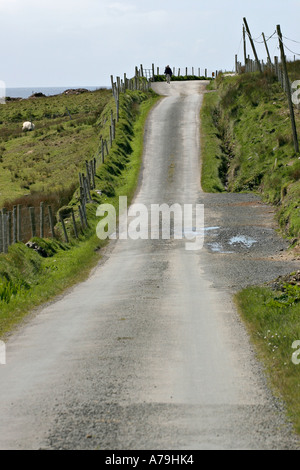 Eine ältere Frau Spaziergänge entlang der schmalen einzelnen verfolgten Landstraße flankiert von grünen Schafweiden Clare Island County Mayo, Irland Stockfoto