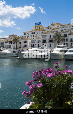 dh Hafen PUERTO BANUS Spanien Luxus Yachten im Hafen Anlegesteg Gebäude mit Blick auf Hafen und Blumen Stockfoto