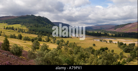 Blick in Richtung Mar Lodge vom Aussichtspunkt in Richtung River Dee & Cairngorms National Park Aberdeenshire, Schottland, Großbritannien Stockfoto