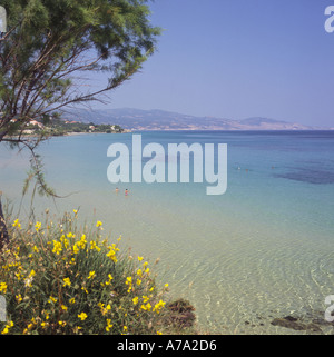 Blick über die Bucht von & Strand und klare Flachmeer mit wenigen Leuten Schwimmen im Psaru Ostküste Zakynthos die griechischen Inseln Stockfoto