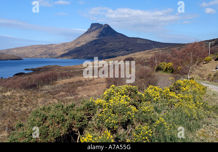 Berühmte Schottische kleiner Berg Stac Pollaidh (612 m) von der Single Track Road gesehen namens North Coast 500 entlang Loch in Highland Scotlland Lurgainn Stockfoto