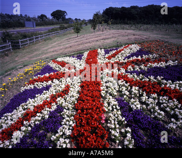 Union Jack Blumenbeet an der Seite der Straße während der Queens Golden Jubilee Stockfoto