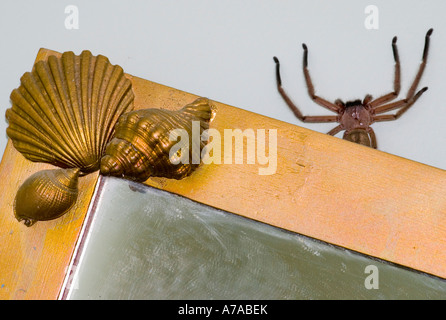 Ein Huntsman Spinne crawling Out hinter einem Spiegel im Badezimmer Stockfoto