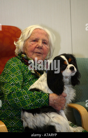 Ältere Frau 100 Jahre alt mit Cavalier King Charles Spaniel streicheln, streicheln alte Menschen s home Stockfoto