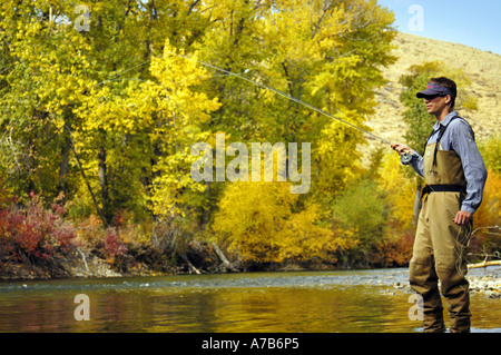 Idaho Mackay Big Lost River Man Fliegenfischen einen Fluss im Herbst Stockfoto