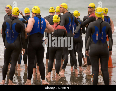 Wartet auf den Start der ersten North Shore Beach Serie 1km Meer schwimmen Schwimmer Stockfoto