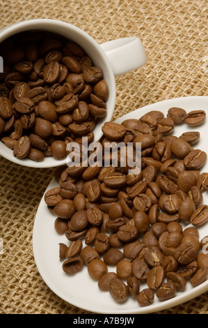 Kaffeebohnen in Tasse auf Untertasse verschüttet Stockfoto
