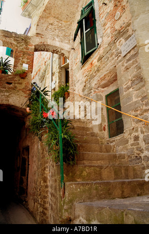 Szene in Corniglia eines der fünf Dörfer im Bereich Nationalpark Cinque Terre an der West Küste von Italien Stockfoto