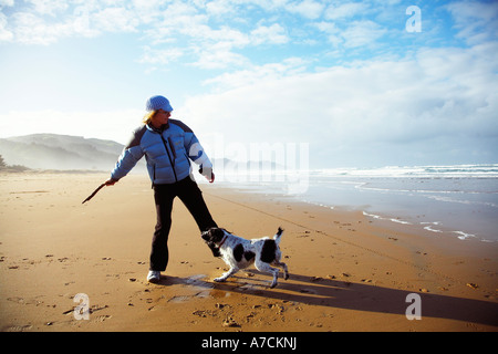 Person Ther Hund am Strand spazieren gehen und Stock zu werfen Stockfoto