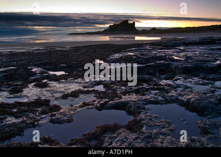 Bamburgh Castle im Morgengrauen aus dem Felsen am Rand des Strandes Stockfoto