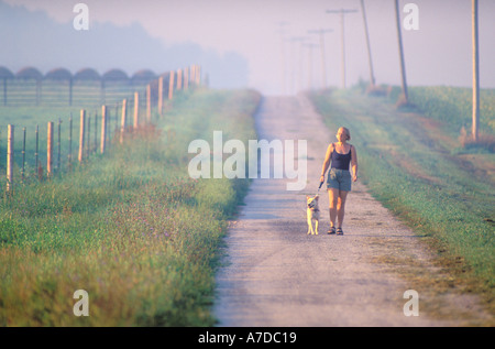 Spaziergang mit dem Hund an einem nebligen Morgen auf ländlichen Bauernhof Straße Zentral-Illinois Herr Frau Stockfoto