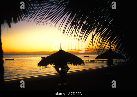 Indischer Ozean Sonnenuntergang mit Boot und Steg, Meer, Silhouetten von palmenblättern Overhead und polynesischen Stil vordächer am Strand, Wolmar, Mauritius Stockfoto