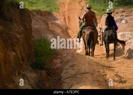 Familie Reiten in der Natur zusammen mit ihren kubanischen Führer, Vinales Tal, Kuba. Stockfoto